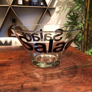 Vintage Mod 1970&#39;s Graphic Glass Salad Bowl - Retro Mod 70&#39;s Serving Bowl Tableware