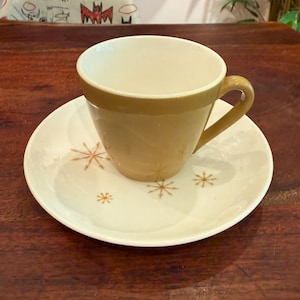 Mid Century Modern Atomic Royal China Star Glow Mustard Color Starburst / Snowflake Pattern Teacup / Coffee Cup & Saucer - Vintage MCM Decor