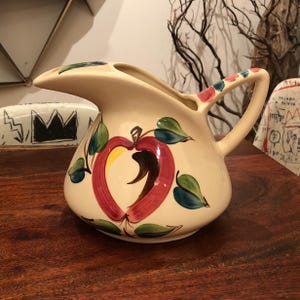 Vintage 1940s Purinton Slip Ware Hand Painted Pitcher with Apple Design - Crack on Rim - 40s Puriton Pottery Company