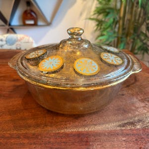 Mid Century Modern 1960s Georges Briard Fire-King 22k Gold Glass Covered with Gold & Turquoise Atomic Medallion Casserole 2 Qt. Baking Dish