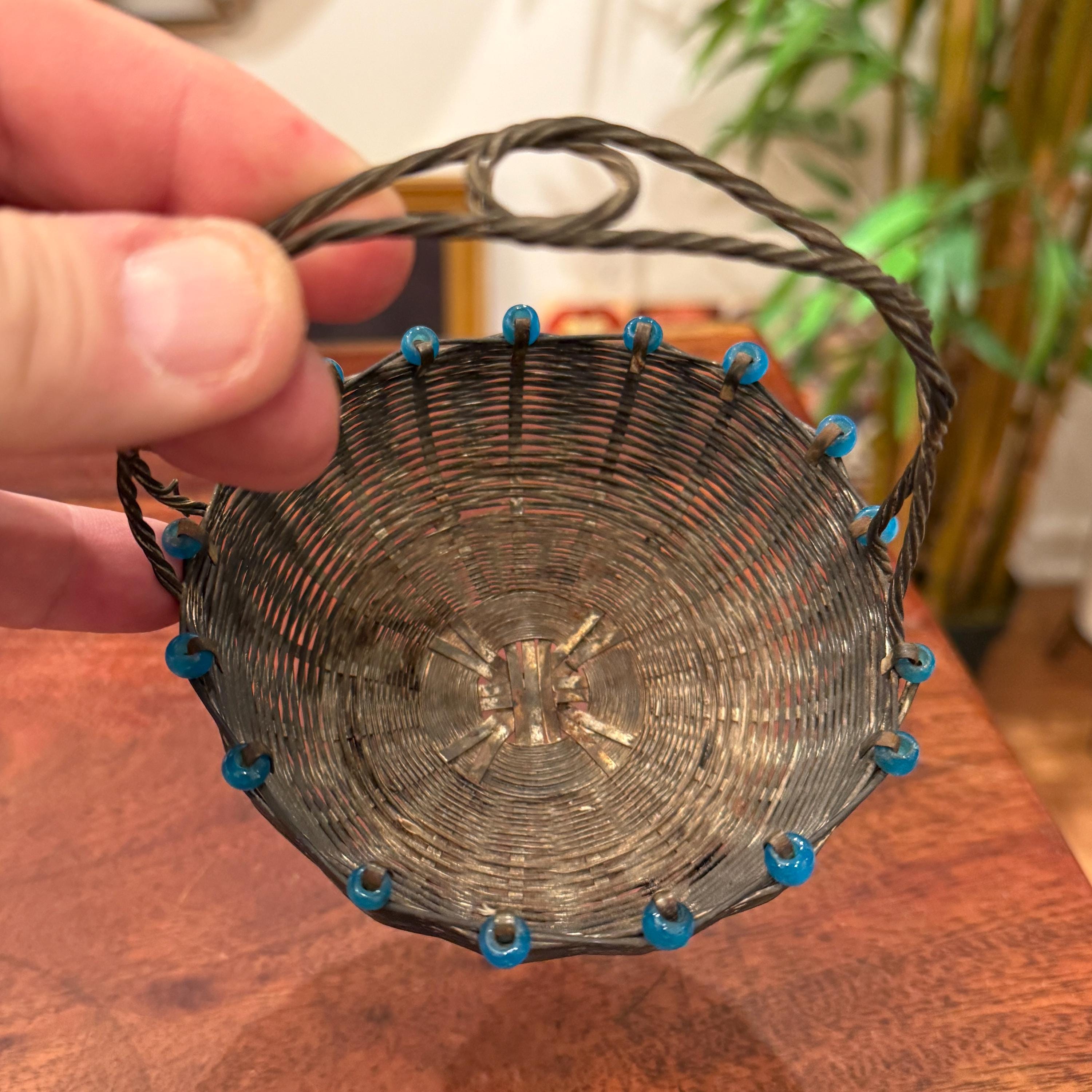 アンティーク 1800年代 ドイツ製 銀メッキ 編み込みメタル＆ブルー