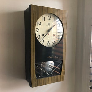 Mid Century Modern Japanese 30 Day Super Eight Wooden Wind Up Wall Clock by Aichi Tokei Denki K.K. Nagoya - Works - Has Pendulum & Key