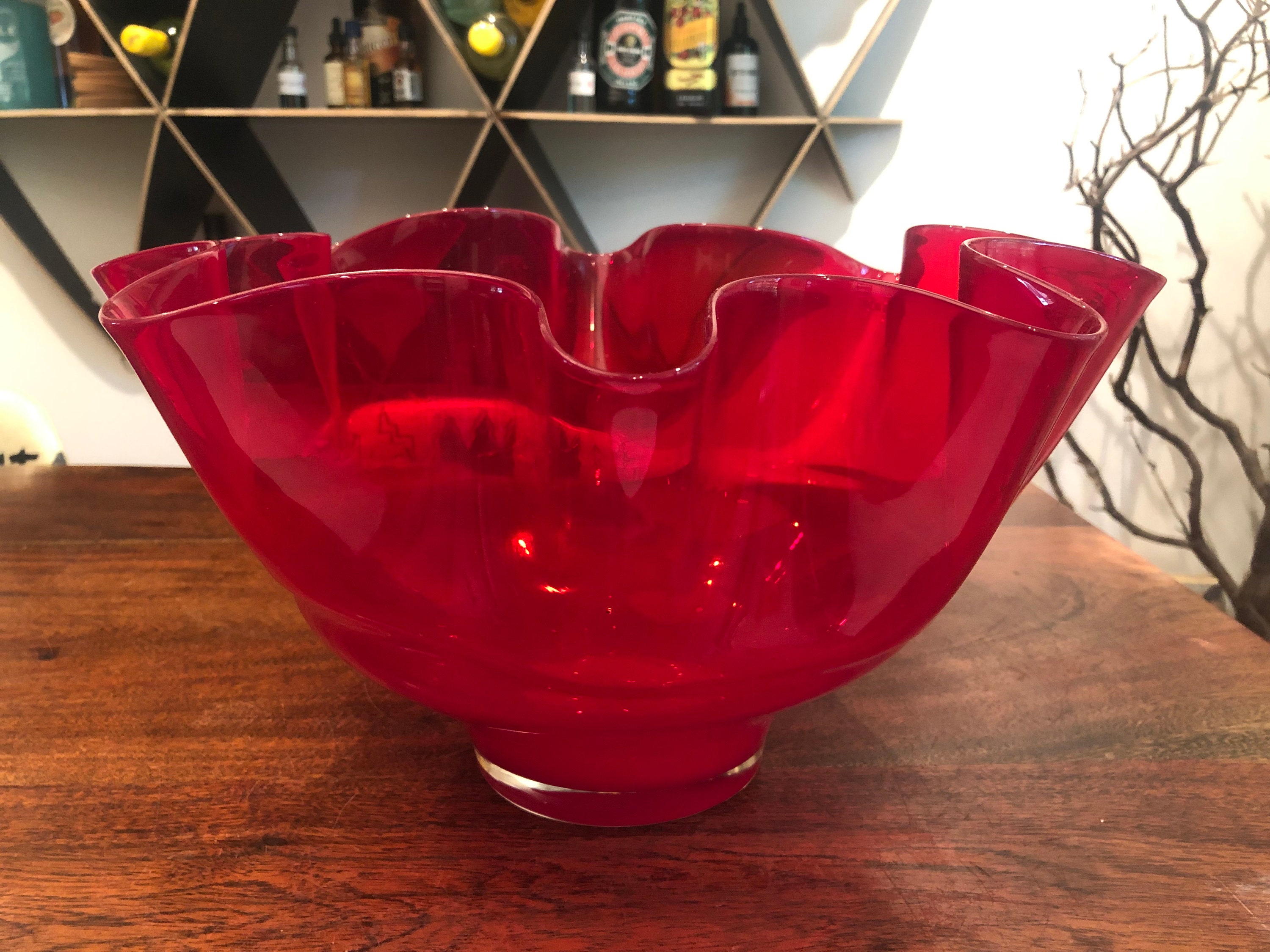 Mid Century Modern Centerpiece Bowl in Smoked Ruby Hand-Blown