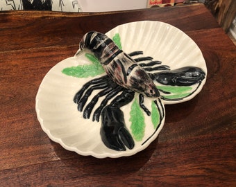 Vintage Hand Painted & Signed Ceramic Divided Lobster Serving Dish with Lobster Tail Handle - Vintage Seafood Tray - Seafood Bowl