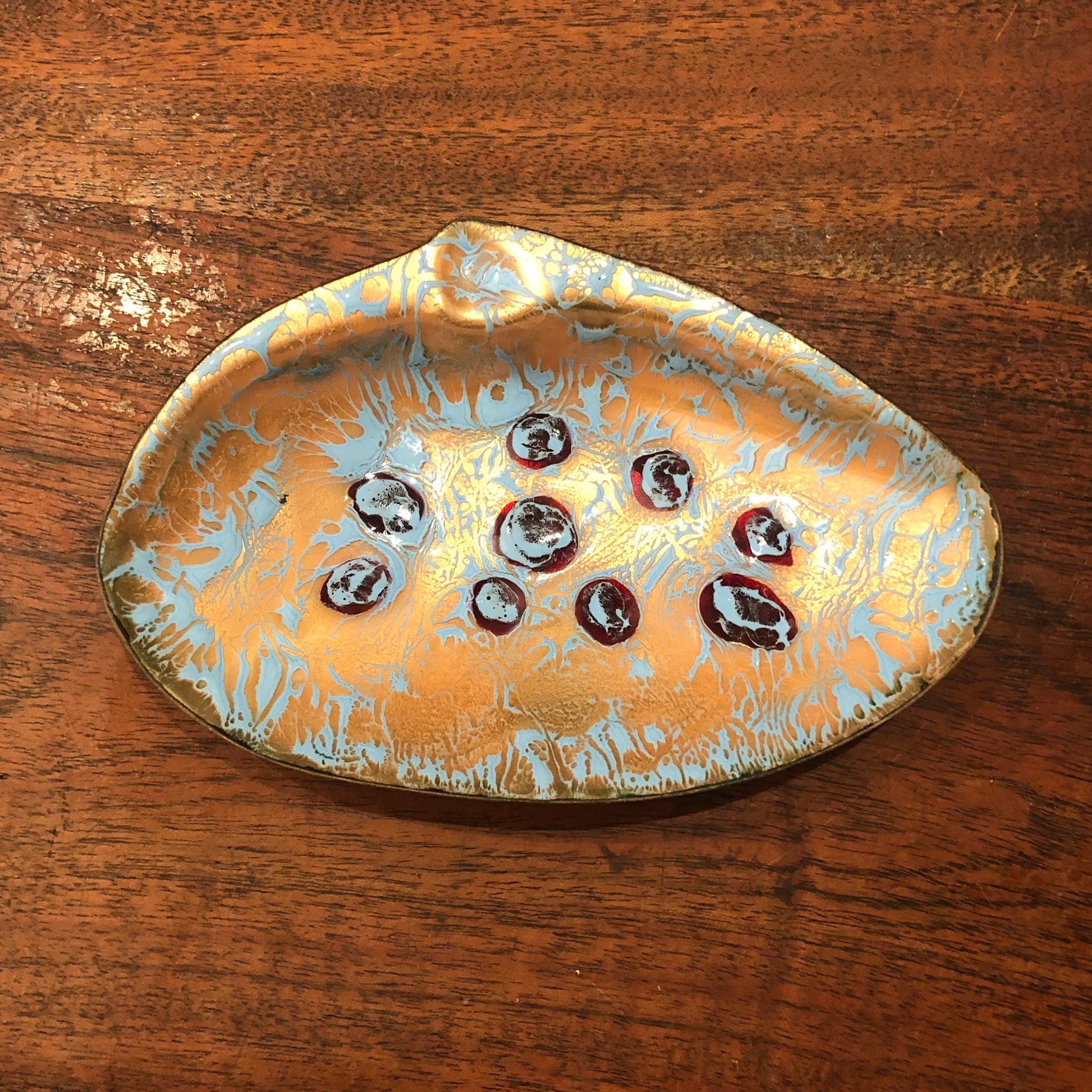 Mid Century Copper Enamelware Clam Shell Shaped Ashtray / Trinket Bowl - Vintage Beach House Nautical Home Decor - Seashell Sea Shell Art