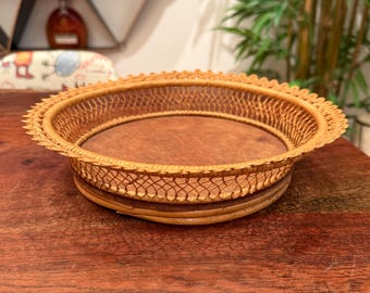 Vintage Woven Bamboo 10" Round Serving Basket Tray / Bread Tray - Vanity Tray - Tropical Home Decor