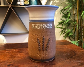 Vintage c. 1994 Signed and Handmade Clay Pottery KANSAS with Wheat Kitchen Utensil Holder by Steve Ashley - Midwest Midwestern Home Decor