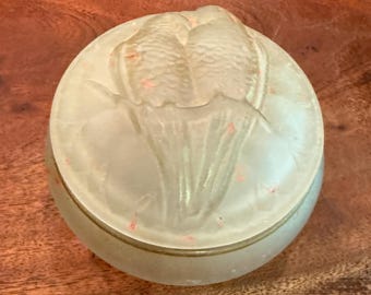 Antique 1920s Art Deco Parrot Love Birds Satin Glass Powder Puff Jar by Phoenix Glass Company - Vintage 20s Women's Cosmetics Storage Box