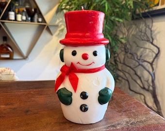Mid Century 1960s Paraffin Wax 9.5" Frosty the Snowman Christmas Pillar Candle - 60s Xmas Holiday Decoration - Winter Snow Decor