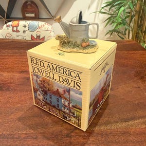 以下が含まれることがあります： R.F.D. AMERICA BY LOWELL DAVISという文字と農家のイラストが印刷された正方形の段ボール箱。箱の上には、カエルと小さなオレンジ色の野菜が添えられた、灰色のジョウロの精巧な陶器製の置物が置かれています。