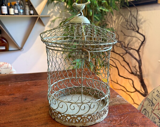 Vintage Sage Green Weathered Metal Chicken Wire Decorative Bird Cage ...