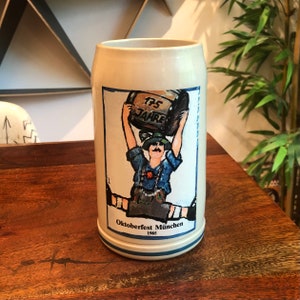 Vintage c. 1985 German Octoberfest Muchen 1 Liter Beer Stein by Höhr Rastal Grenzhausen - Graphic by Fritz Rommel Germany Barware Bar Decor