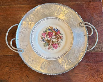 Vintage 1940s Triumph USA Limoges White 22 K Gold Imperial Victorian Fruit Compote Pattern Plate with Aluminum Tray Frame by Farberware