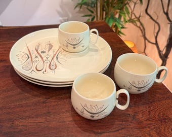 Juego de vajilla de cerámica de 6 piezas con diseño caligráfico de Paden City Pottery, estilo moderno de mediados de siglo (años 50), que incluye platos y tazas de café.