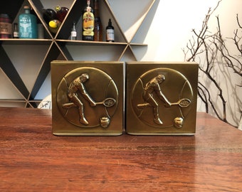 Set of 2 Vintage Heavy Gold Metal Male Tennis Player Bookends - Athletics Sports Home Decor - Desk Office Accessories