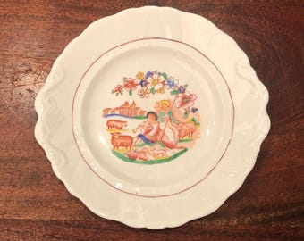 Antique 1800s Sheep Shepard Husband & Wife Transferware Plate / Shallow Bowl Vintage 19th Century Farmhouse Farm Kitchen Home Decor