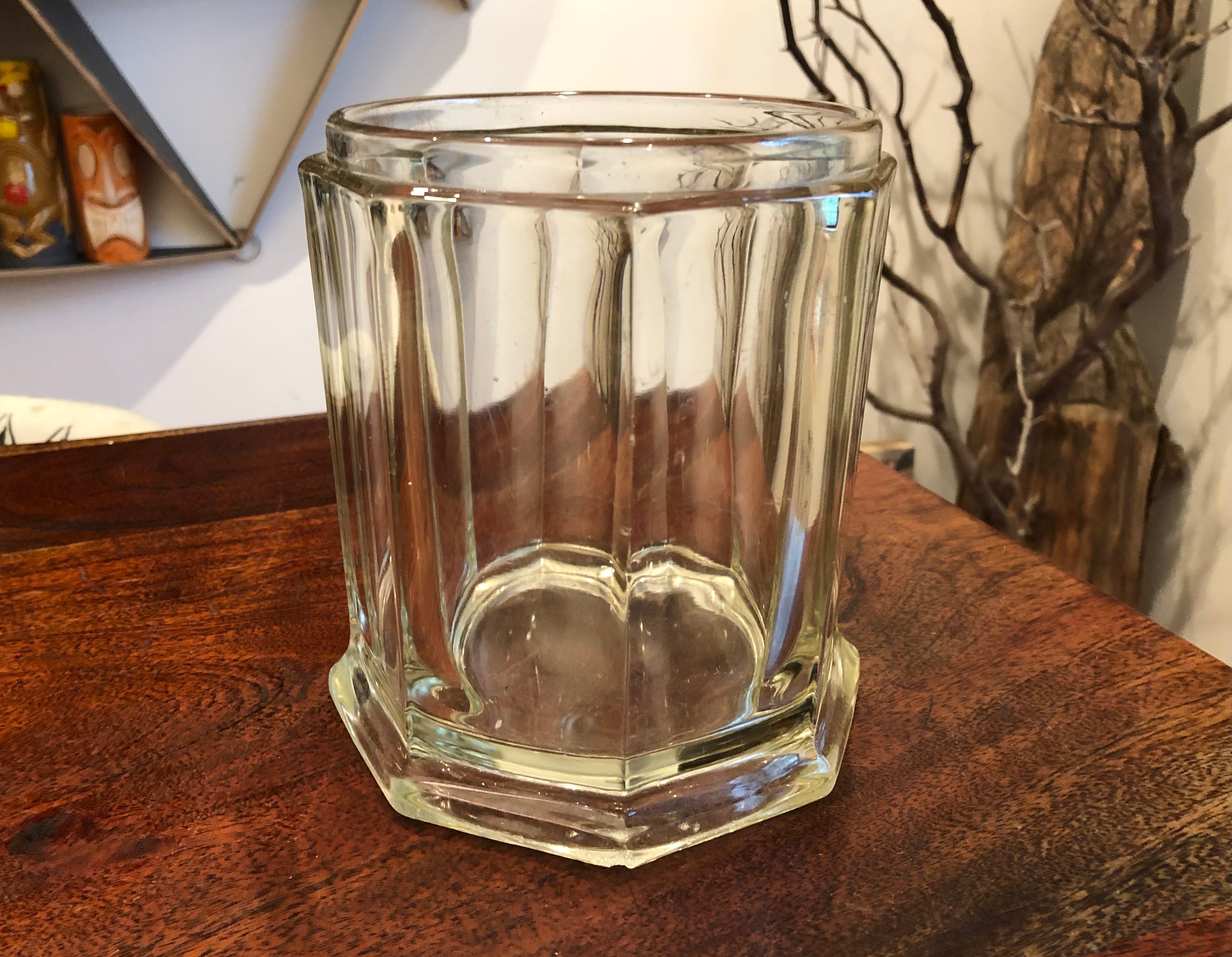 Antique Thick Glass Octagon Tobacco Storage Jar - No Lid - Vintage Humidor  - Yellowed Glass - Smoking Accessories - Old Tobacco Container