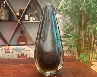 Mid Century Modern 1950s Italian Murano Sommerso Art Glass by Flavio Poli for Seguso Vetri d'Arte Blue & Brown Teardrop Vase Made in Italy