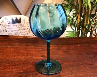 Mid Century 1960's Blue Brandy Glass Shaped Art Glass Vase - 9" tall - Used Wine Cork Holder - Vintage Italian Bar Decor - MCM Home Decor