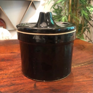 Mid Century Black Stoneware Pottery Jar with Lid - Handle Missing - Vintage Rustic Country Farmhouse Farm Kitchen Home Decor