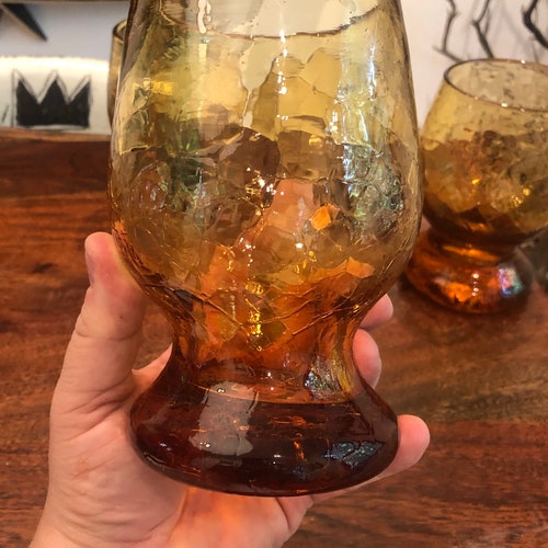 Sale Mid Century Modern Blenko shops Hand Blown Set of 4 Heavy Amber Crackle Glass Drinking Goblets with Pontil - 22 oz. Blenko Hand Made Glasses
