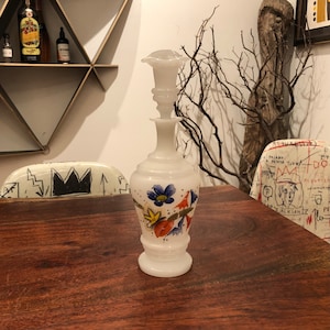 Antique 1900&#39;s Victorian Hand Painted & Hand Blown Milk Glass Barber Bottle with Flowers - Vintage Farmhouse Bathroom Bath Home Decor