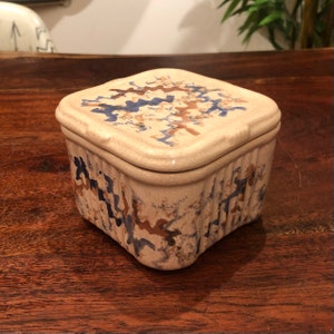 Antike Art-Deco-Keramik Spongeware Kühlschrank Glas mit Deckel - Vintage Bauernhaus Bauernhof Küche Land Wohnkultur - Sponge Ware Keramik Glas