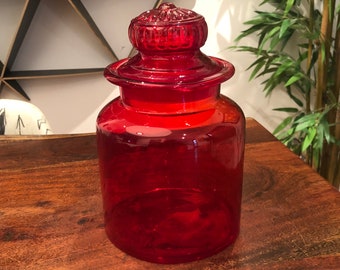 Pot d'apothicaire en verre rouge Takahashi de 9,5 po. vintage des années 1960 avec bouchon de sol - boîte métallique rouge rétro - récipient de stockage de nourriture de cuisine japonaise