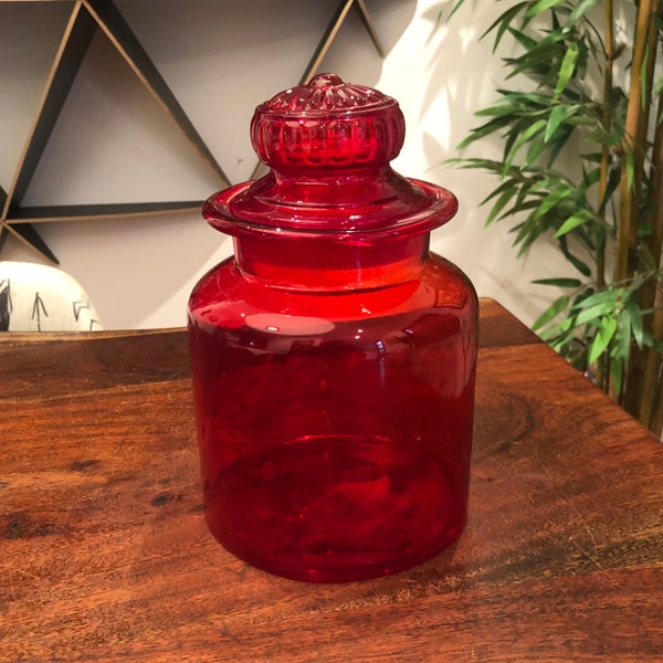 Vintage 1960's Takahashi 9.5" Red Glass Apothecary Jar with Ground Stopper - Retro Red Canister - Japanese Kitchen Food Storage Container