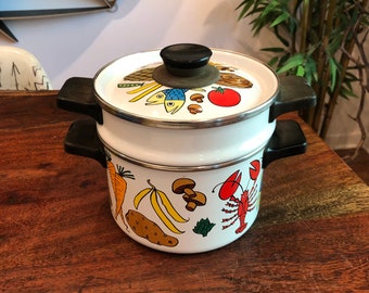 Vintage 1970's Small Enamelware Nantucket Double Boiler / Cooking Stock Pot with Seafood & Vegetable Art by San Ignacio - 70's Lobster Pot