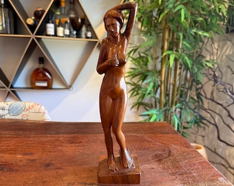 Mid Century Signed & Hand Carved Hardwood Nude Posing Woman Carving Figurine - 11.5 tall - Vintage Naked Adult Female Wooden Statue