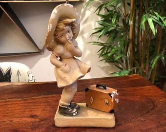 Antique 1930's Italian Chalkware 9-7/8" Girl Blowing in the Wind with Suitcase Statue - Made in ITALY - Vintage 30's Plaster Girl Sculpture