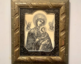 Mid Century Greek Orthodox Our Lady of Perpetual Help Madonna & Child Incised Resin Wall Art in Gold Wooden Frame Christian Religious Decor