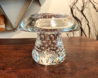 Vintage English Handmade Clear Glass 30% Lead Crystal Mushroom Figurine - Toadstool Paperweight - Forest Woodland Nature Decor