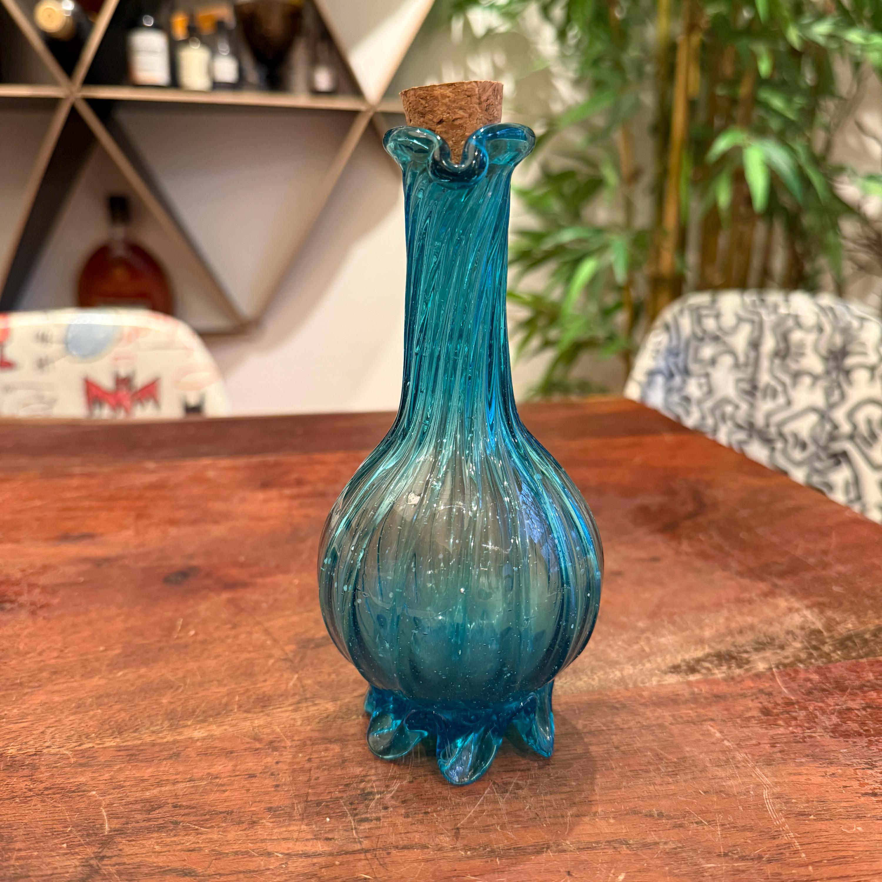 Mid Century Mexican Hand Blown Turquoise Glass 6 Oz. Olive Oil