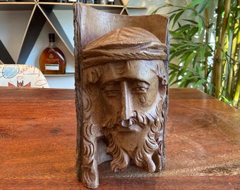 Mid Century Hand Carved Live Edge Cedar Jesus Christ with Crown of Thorns Figurine - Vintage Christian Religious Icon Art - Church Decor