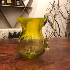 Mid Century Hand Blown Rich Yellow Rainbow Glass 5.75&quot; tall Creamer - Vintage Yellow Kitchen Decor - Miniature Pitcher
