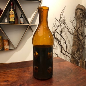Vintage 1960&#39;s Spanish Revival Hand Blown Amber Glass & Metal Wine Decanter / Water Carafe - Spanish Bar Decor Barware Tableware Pitcher