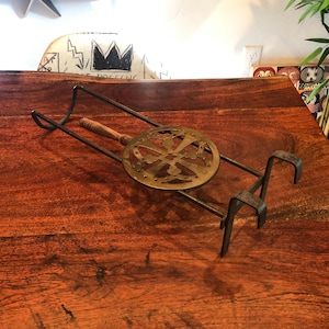 Antique c. 1851 -1891 English William Tonks and Sons WT&S Sliding Brass Wood and Iron Fireplace Hearth Trivet - Vintage Victorian Trivet