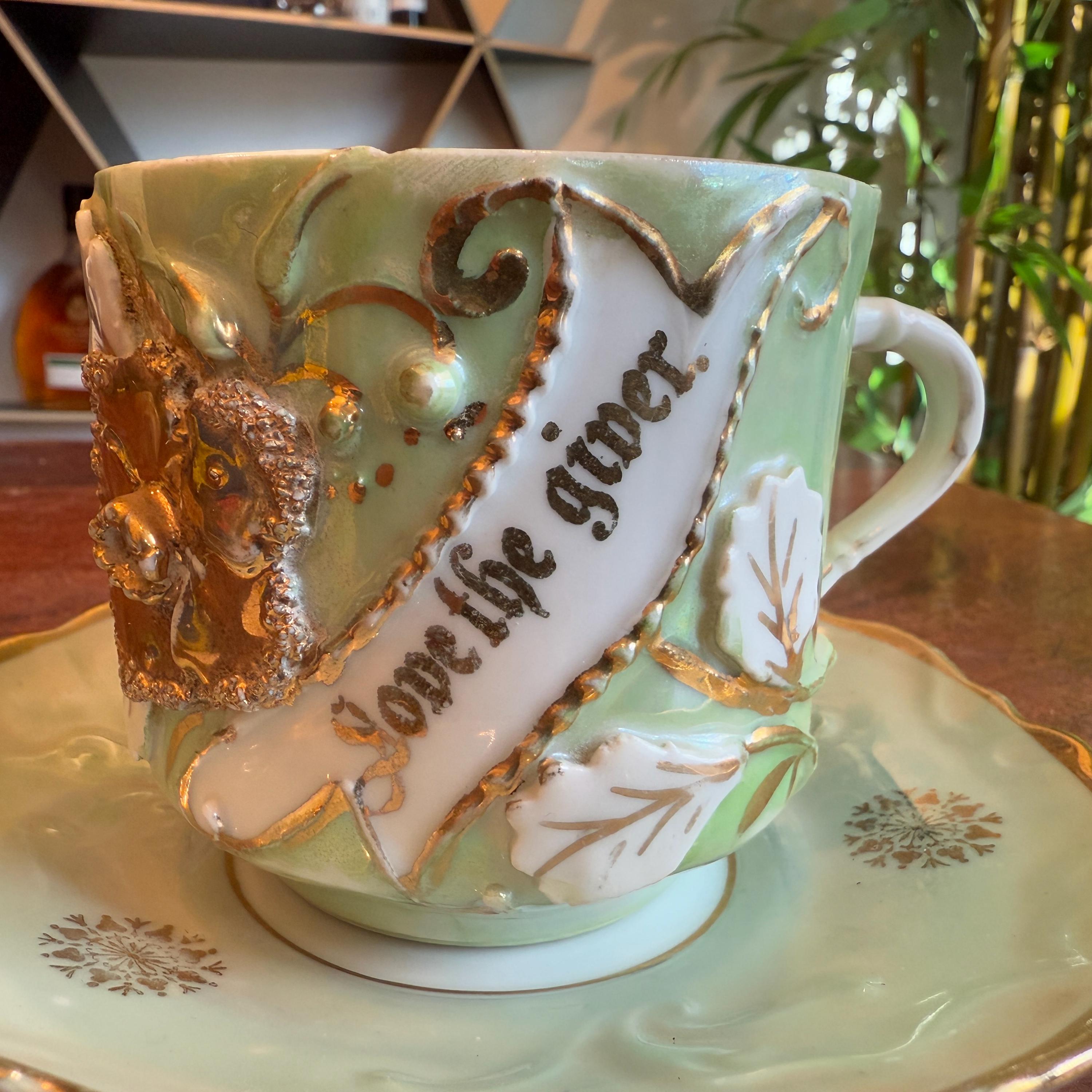 Antique German Souvenir Love the Giver Mint Green and Gilt Gold 8