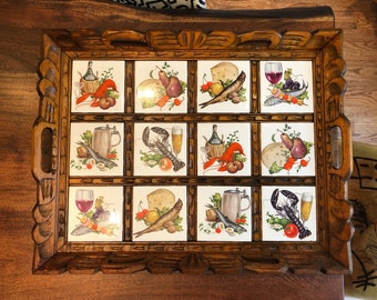 Vintage 1970's Large Mexican Ceramic Tile & Hand Carved Wood with Seafood Images - Lobster Fish Wine Beer Cheese Fruits and Vegetables