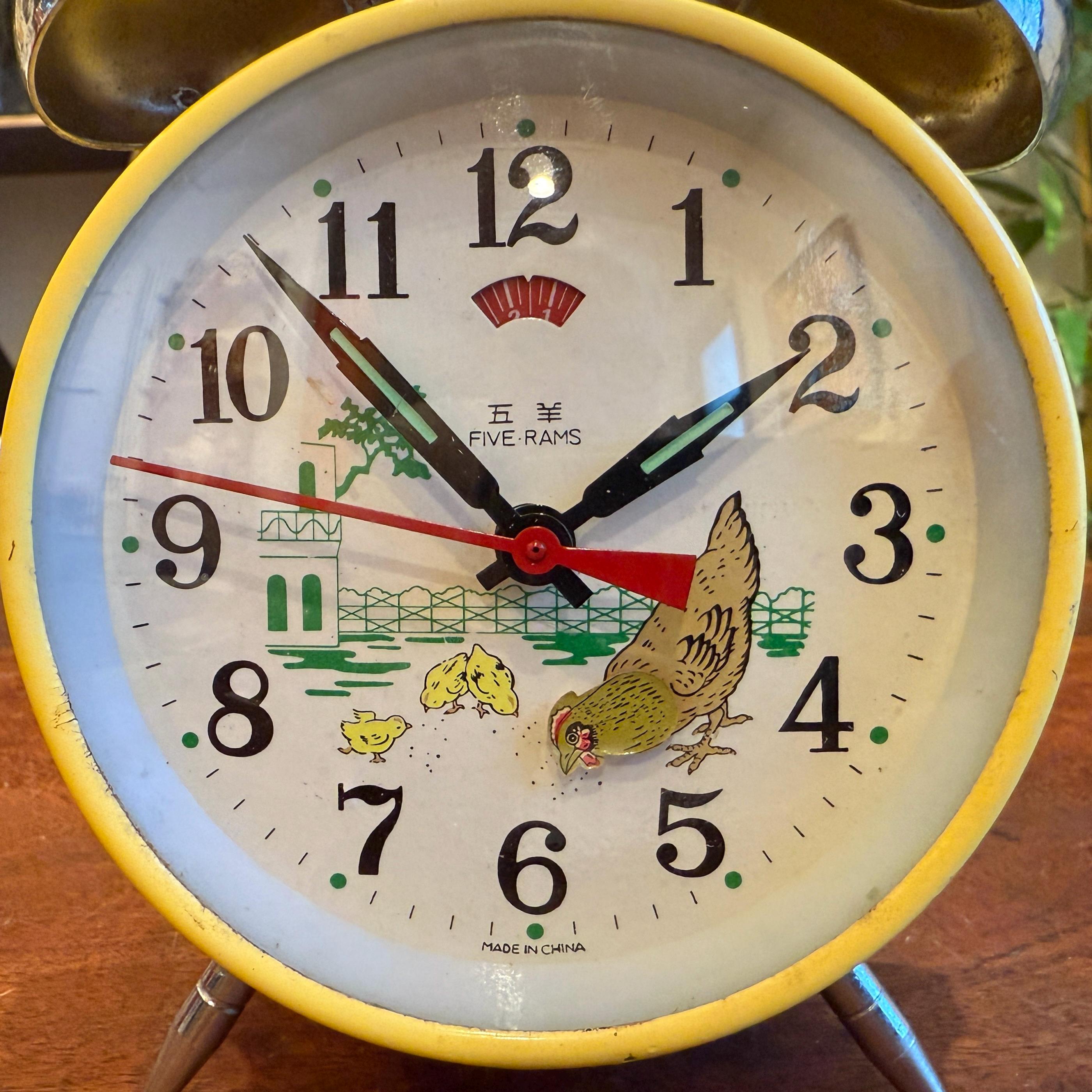 Vintage 1960s Chinese Five Rams Animated Pecking Chicken Wind-up Alarm ...