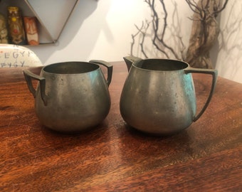 Antique Arts & Crafts Movement Hand Made Pewter Cream and Sugar Bowl by White Pewter - Arts and Crafts Home Decor Arts and Crafts Decor