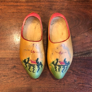 Mid Century Dutch Holland Hand Carved Burnt Wood Souvenir Wooden Shoes with Windmill Design - The Netherlands Home Decor - European Decor