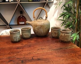 Vintage c. 1981 Signed & Handmade Stoneware Pottery 64 oz. Teapot with Bamboo Handle and Four 9 oz. Teacups by LM - Bohemian Boho Home Decor