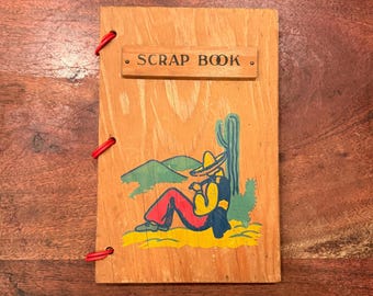 Vintage 1940s Printed Plywood Unused Scrapbook / Photo Album with Sleeping Mexican Man on Desert Cactus Art - Antique 40s Keepsake Book