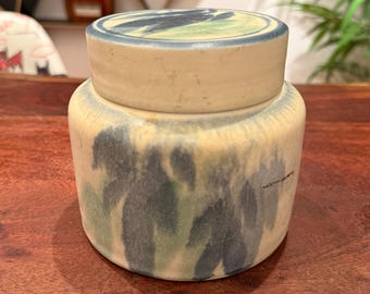 Vintage Signed & Hand Made Porcelain Storage Jar with Lid - Stylized Leaf Botanical Art - Secret Stash Storage Container