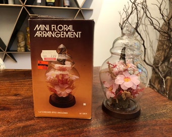 Vintage 1983 Kitschy Real Butterfly on Faux Flowers Diorama in Glass Cloche on Stand with Box by Action Industries - 1980s 80s Kitsch Decor