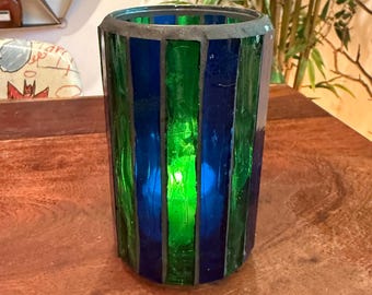 Portacandele/lumino in vetro colorato blu navy e verde smeraldo, stile vintage anni '70 - Piccolo portacandele a colonna in stile retrò anni '70