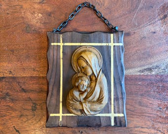Vintage 1960s Western Germany Faux Carved Wood & Cedar Madonna and Child Wall Hanging by W.G. Kauders - Our Lady of Tenderness Religious Art